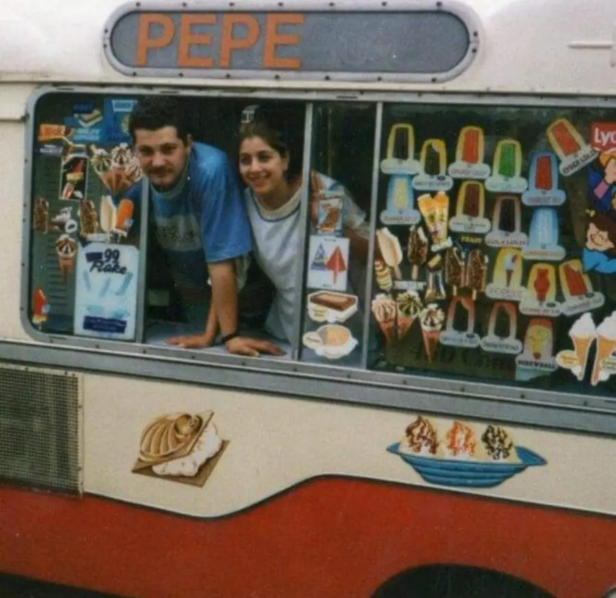 The family leaning out of the original ice cream van